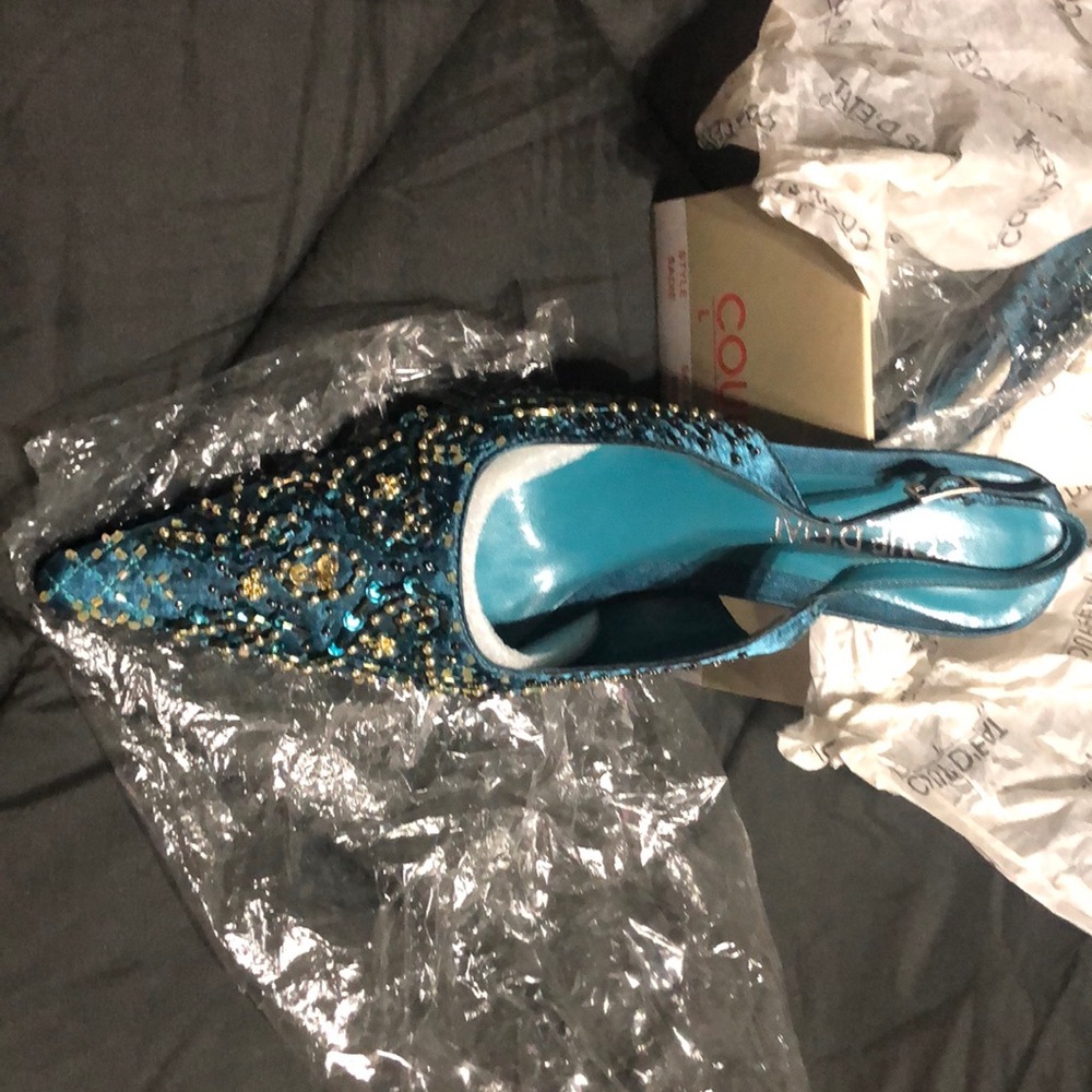 Teal jeweled heels